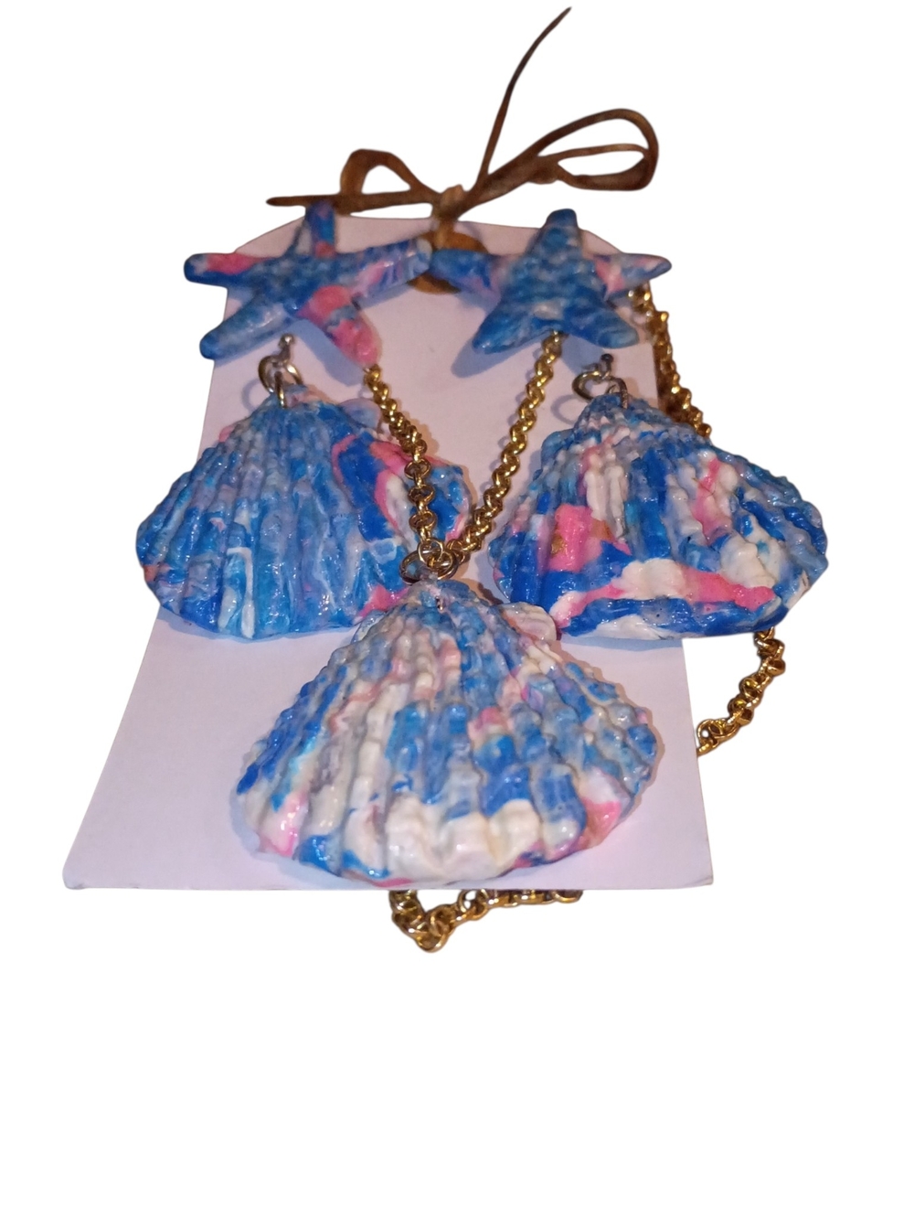 Coastal Vibes  Blue / Pink Shell & Starfish Statement Earrings And Necklace Set - Picture 5 of 14